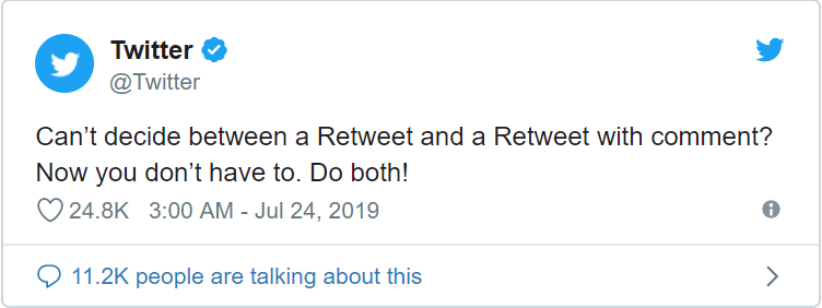 Twitter信息流开户发布允许用户对同一条推特进行带评论转发